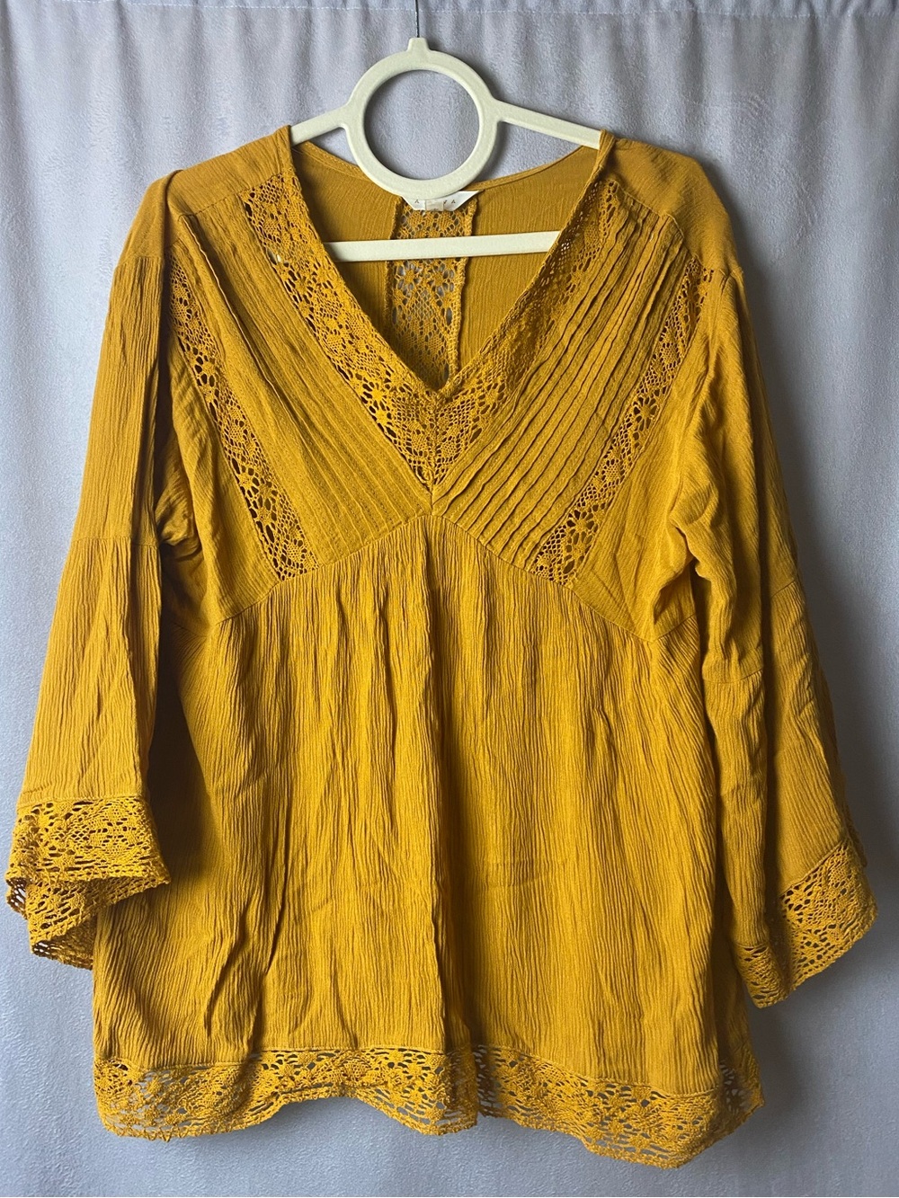 Adiva Boho Festival Hippie Mustard Peasant Embroidered Crochet V-Neck Blouse S